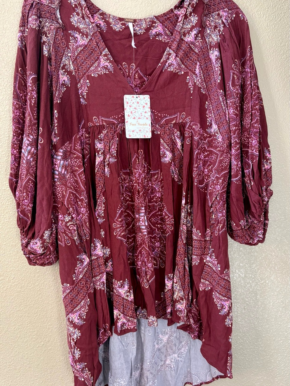 Free People Burgundy Paisley Boho V-Neck Tunic
